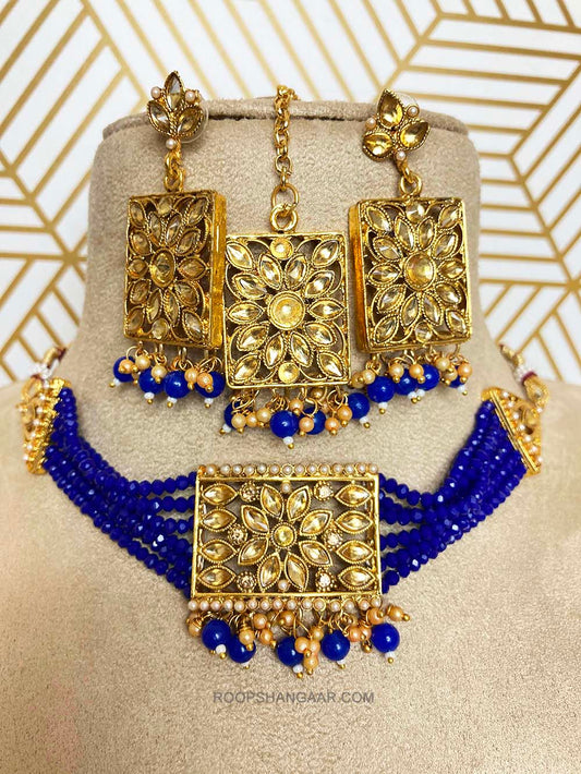 Blue Amruta Crystal Moti Choker Necklace Set