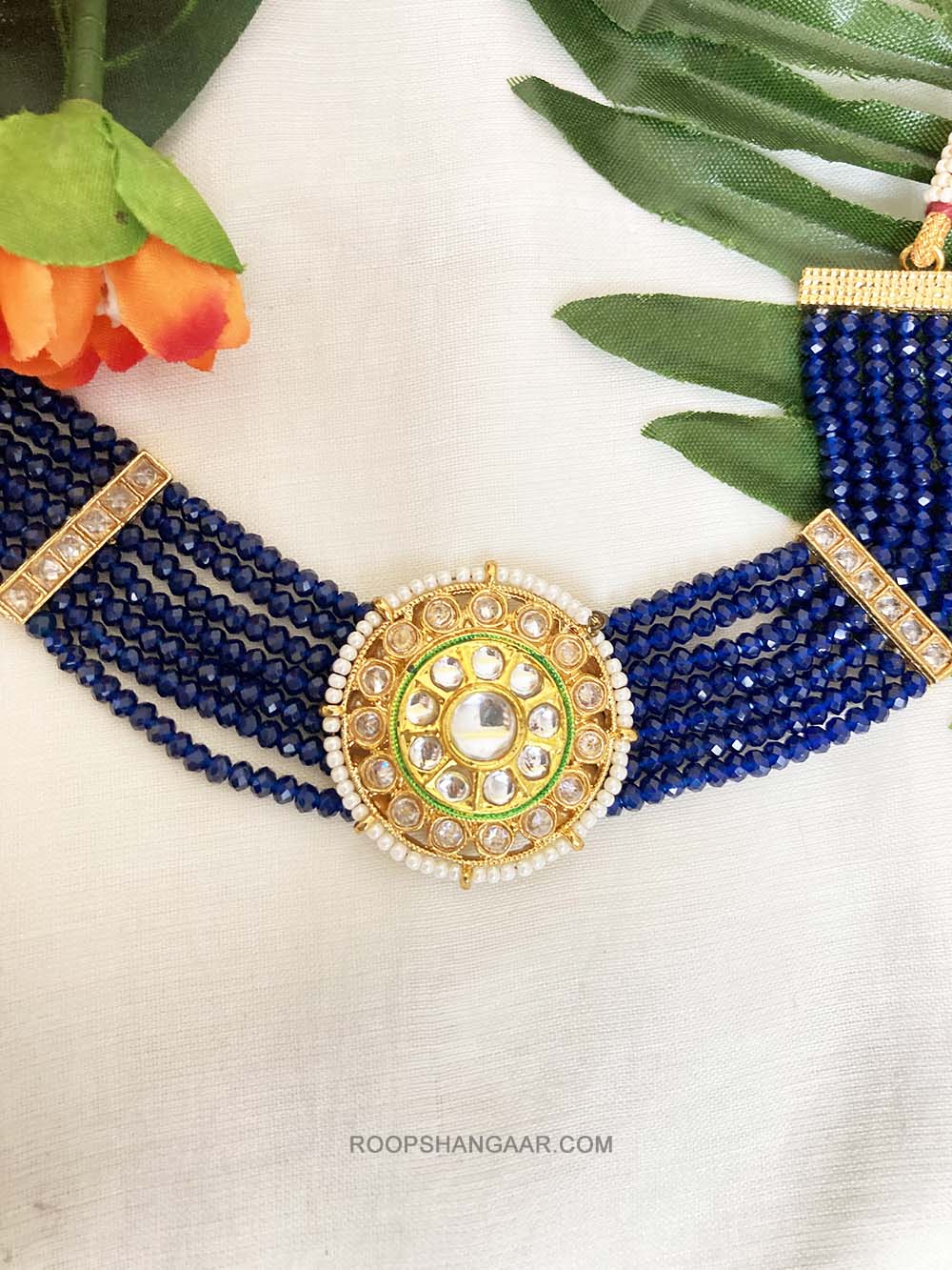 Blue Ashka Crystal Moti Kundan Choker Necklace Set