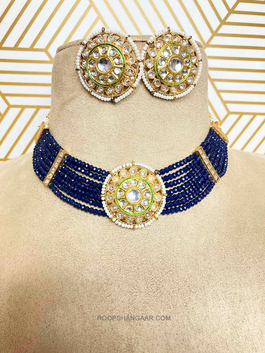 Blue Ashka Crystal Moti Kundan Choker Necklace Set