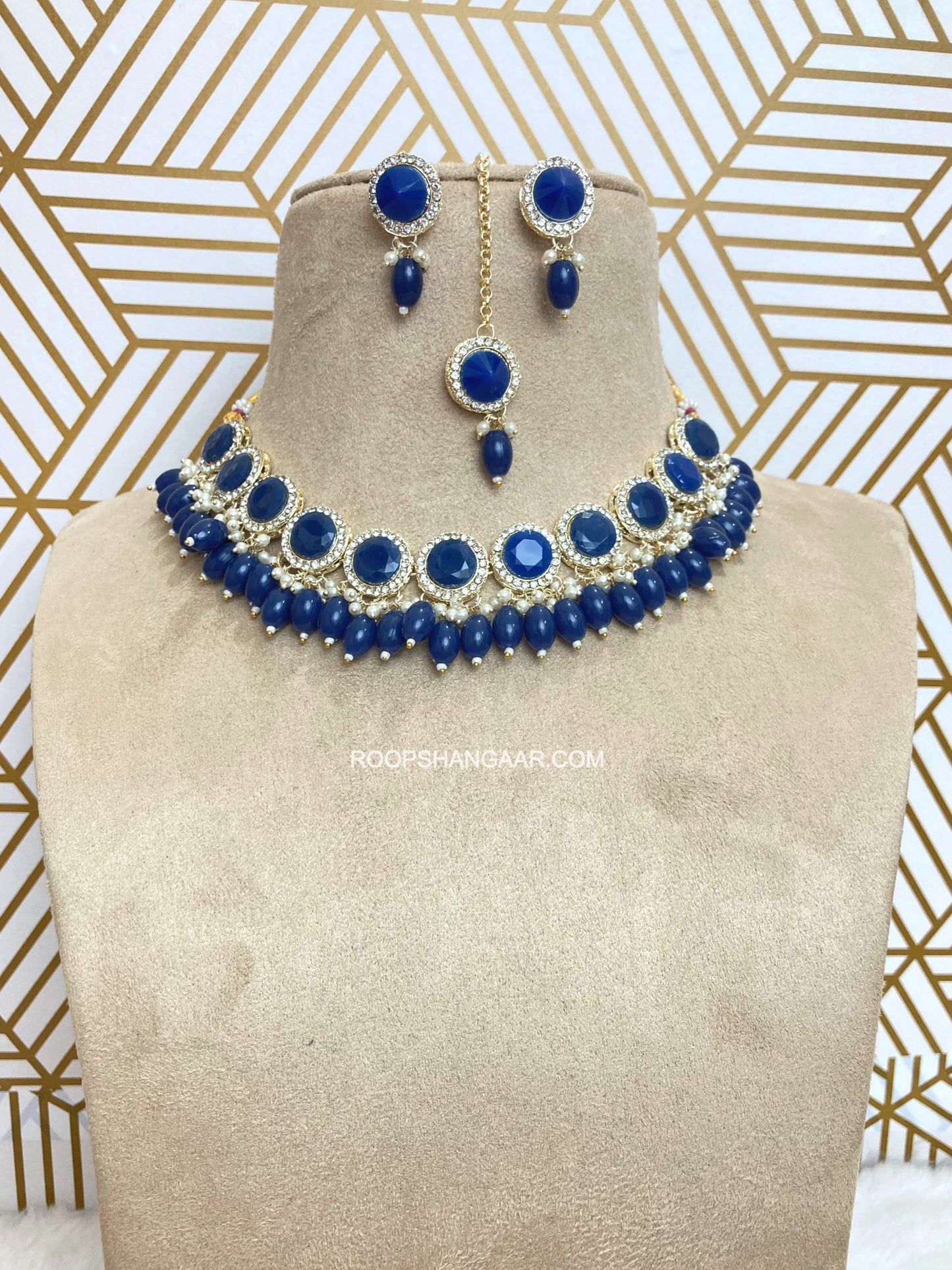 Blue Rajwadi Kundan Necklace set