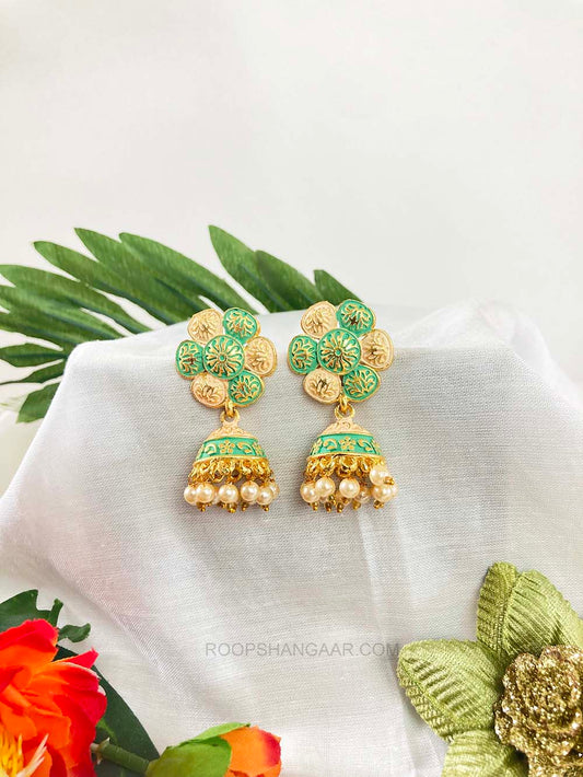 Cream Mint Sandhya Jhumki Earrigs