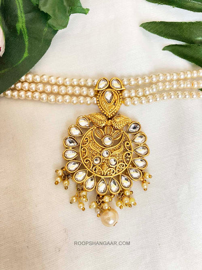 Cream White Sanjana Moti Kundan Choker Necklace Set