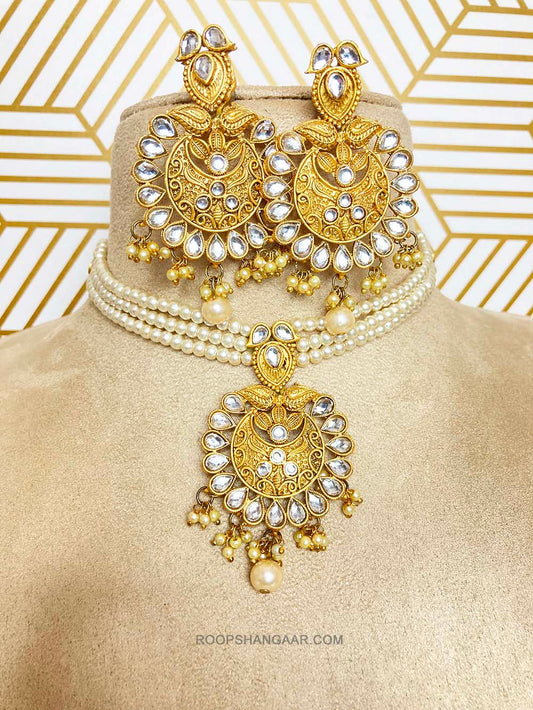 Cream White Sanjana Moti Kundan Choker Necklace Set