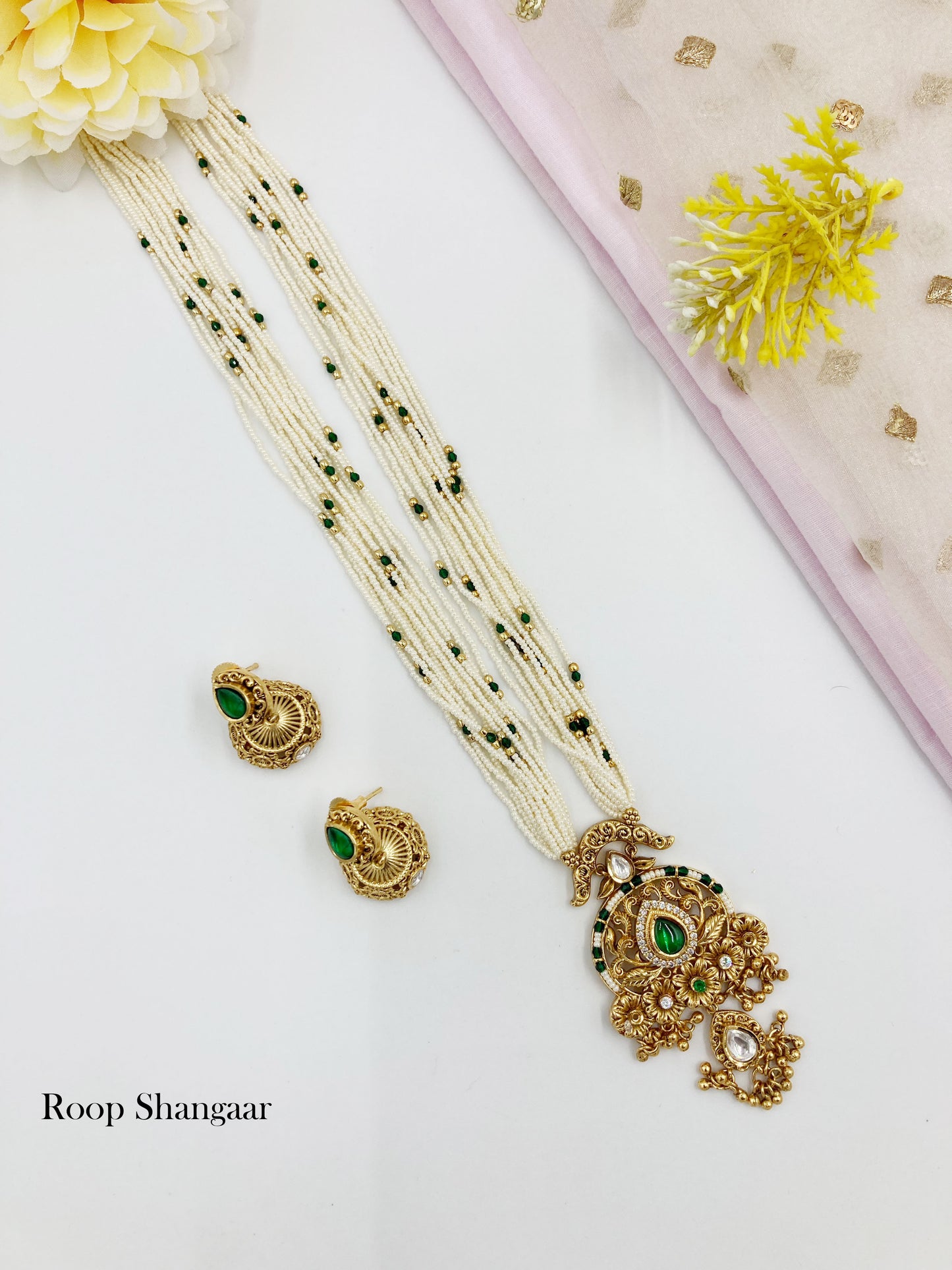 Golden Emerald Kavya Temple Jewellery Set