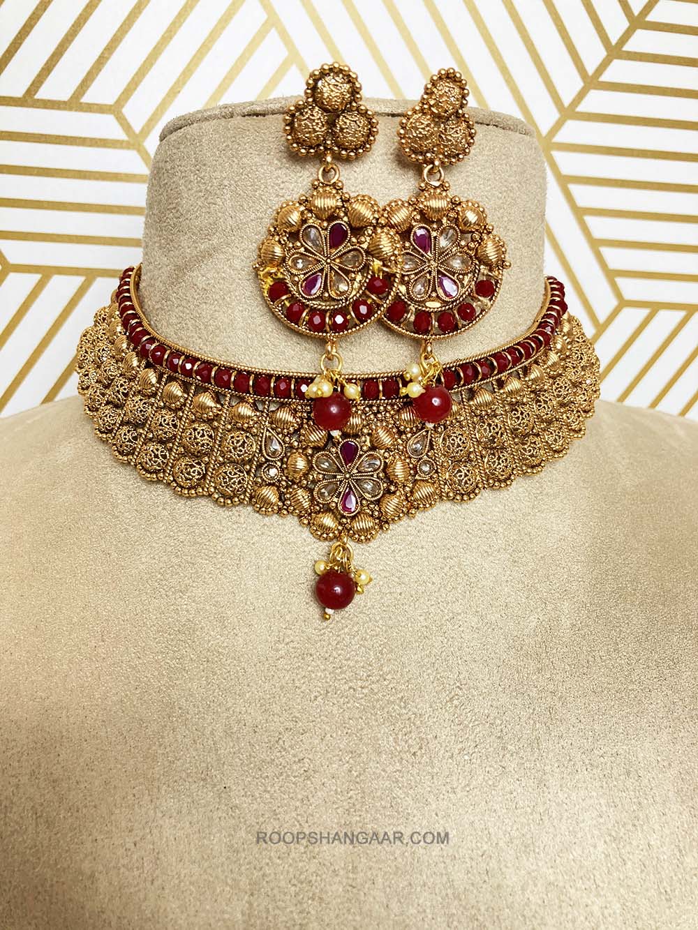 Golden Red Smruti Crystal Moti Choker Necklace Set