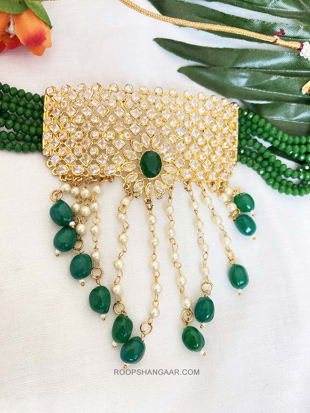 Green Anchal Crystal Moti Choker Necklace Set
