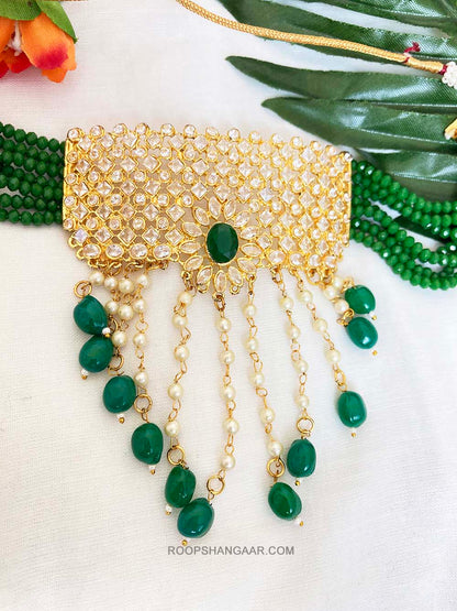 Green Anchal Crystal Moti Choker Necklace Set