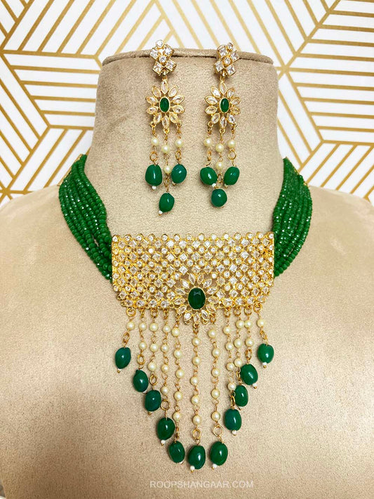 Green Anchal Crystal Moti Choker Necklace Set