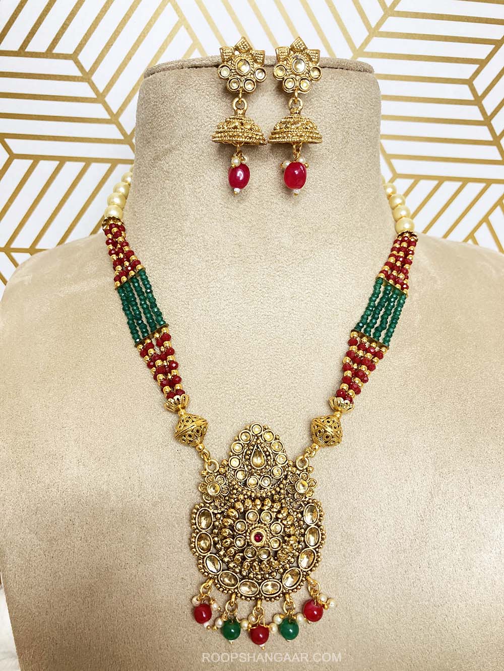 Green Red Yukti Crystal Moti Necklace Set