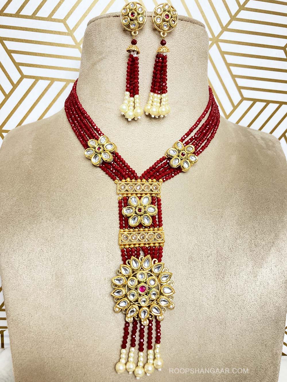 Maroon Saumya Crystal Moti Necklace Set