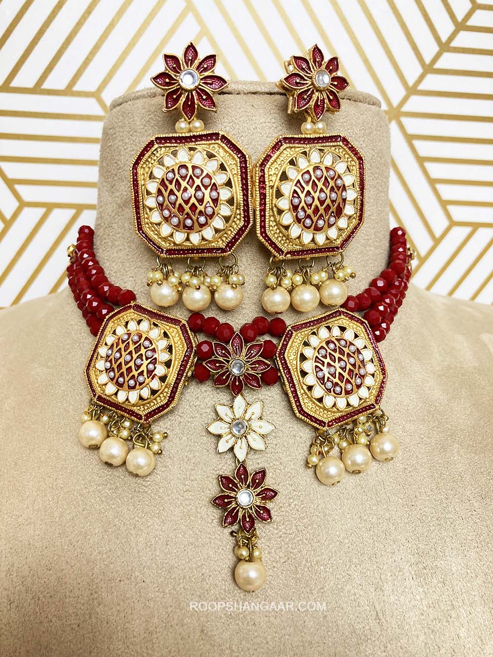 Maroon Tamanna Crystal Moti Choker Necklace Set