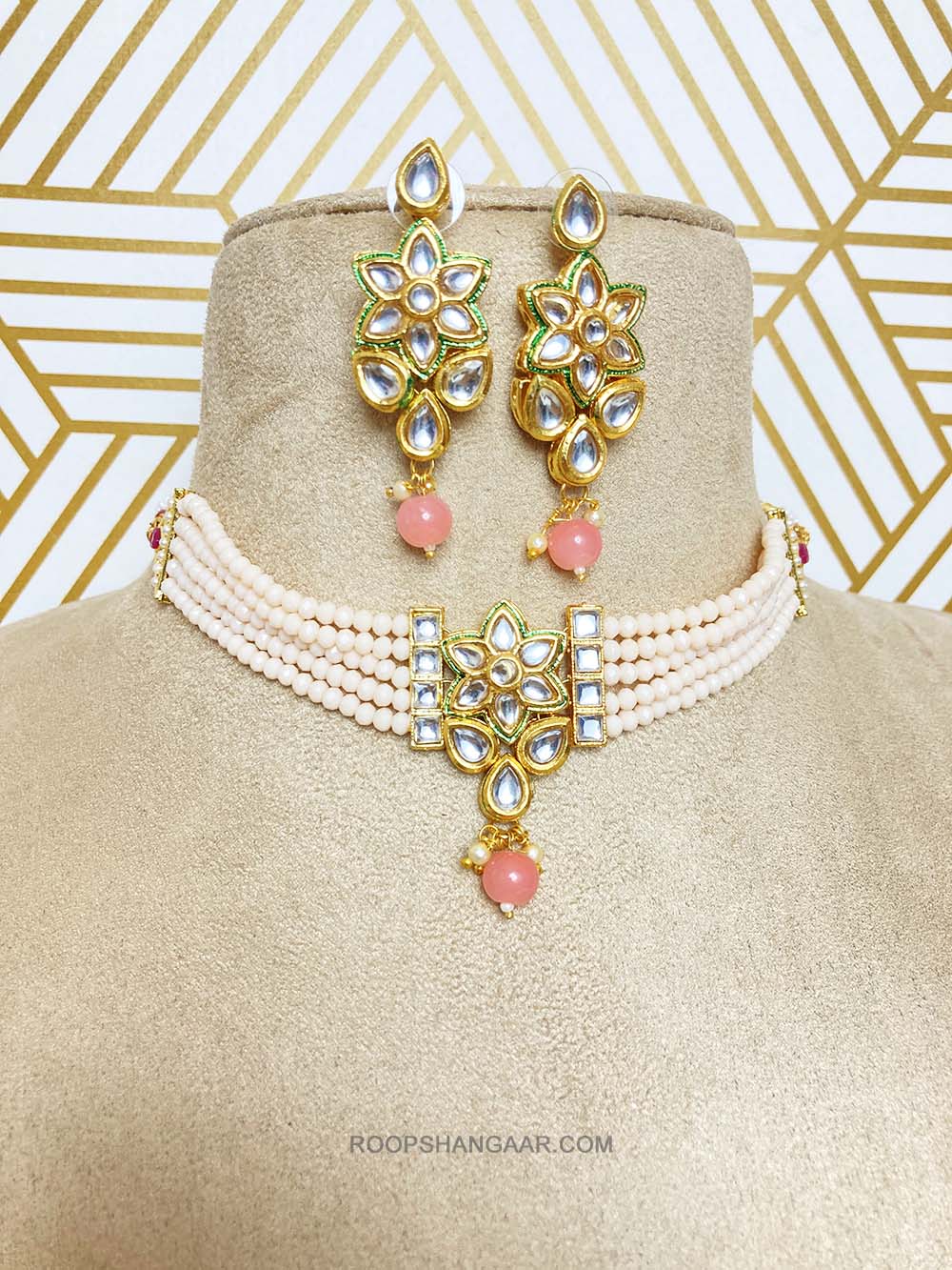 Peach Akruti Crystal Moti Choker Necklace Set