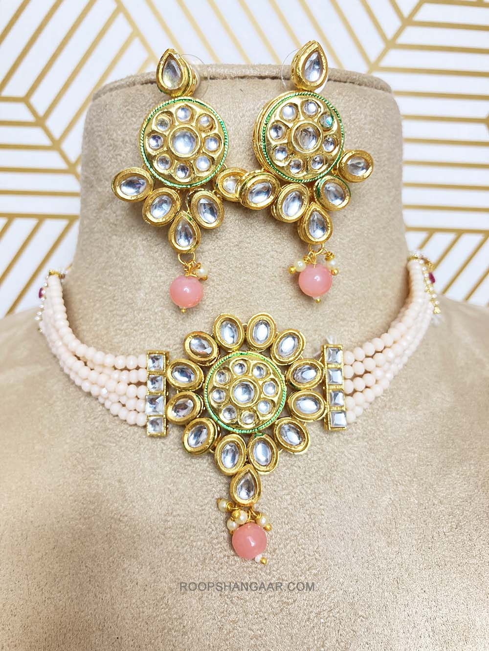 Peach Arpita Crystal Moti Choker Necklace Set