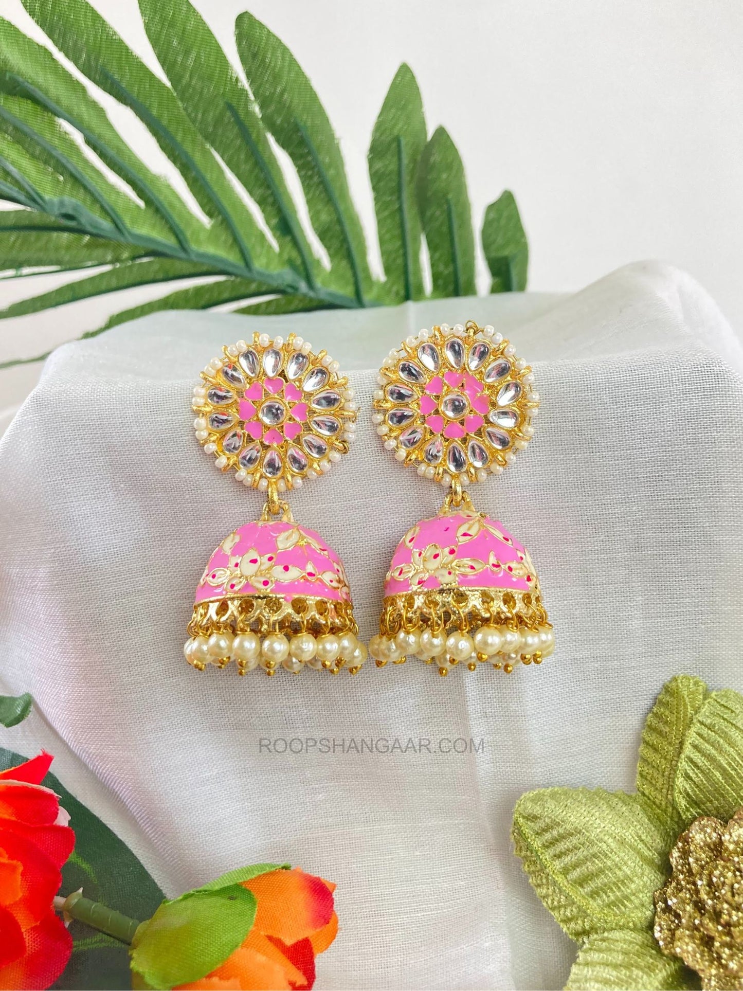 Pink Meena Jhumki Earrings