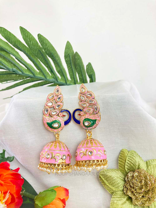 Pink Mayuri Jhumki Earrigs