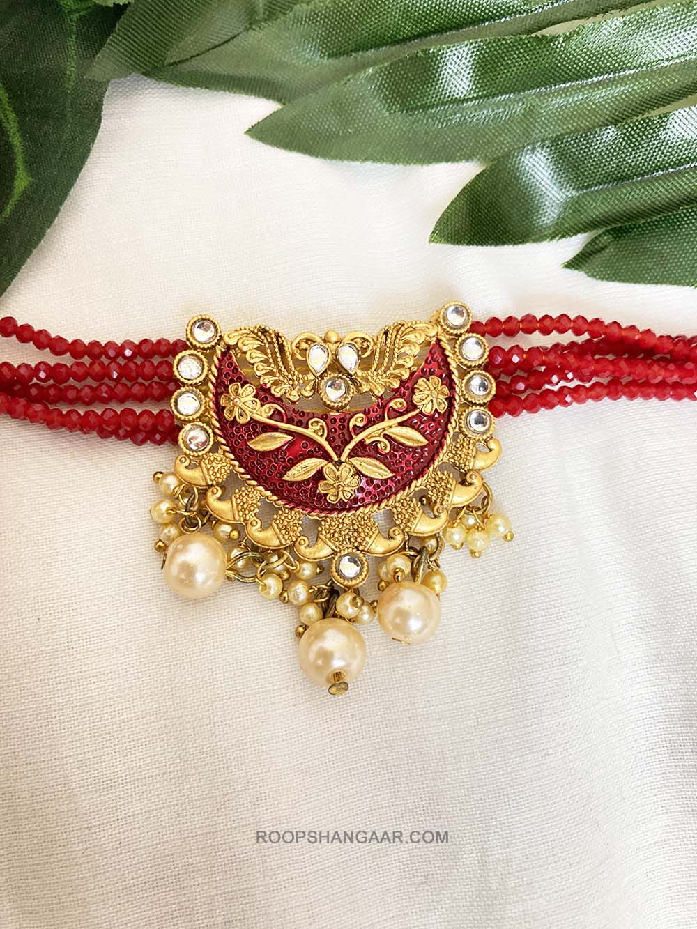 Red Ashlesha Crystal Moti Choker Necklace Set