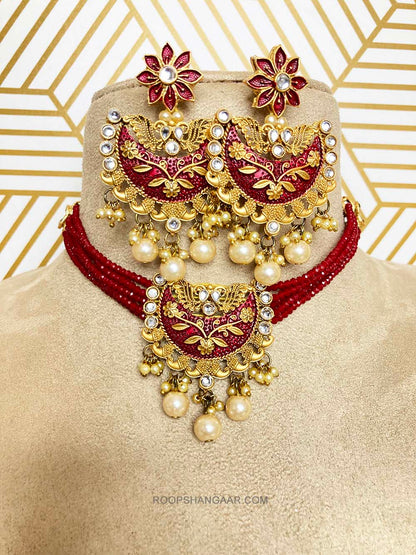 Red Ashlesha Crystal Moti Choker Necklace Set