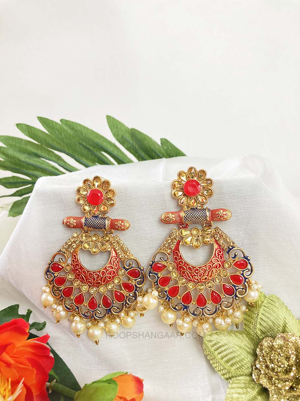 Red Ashwinika Chandbali Earrings