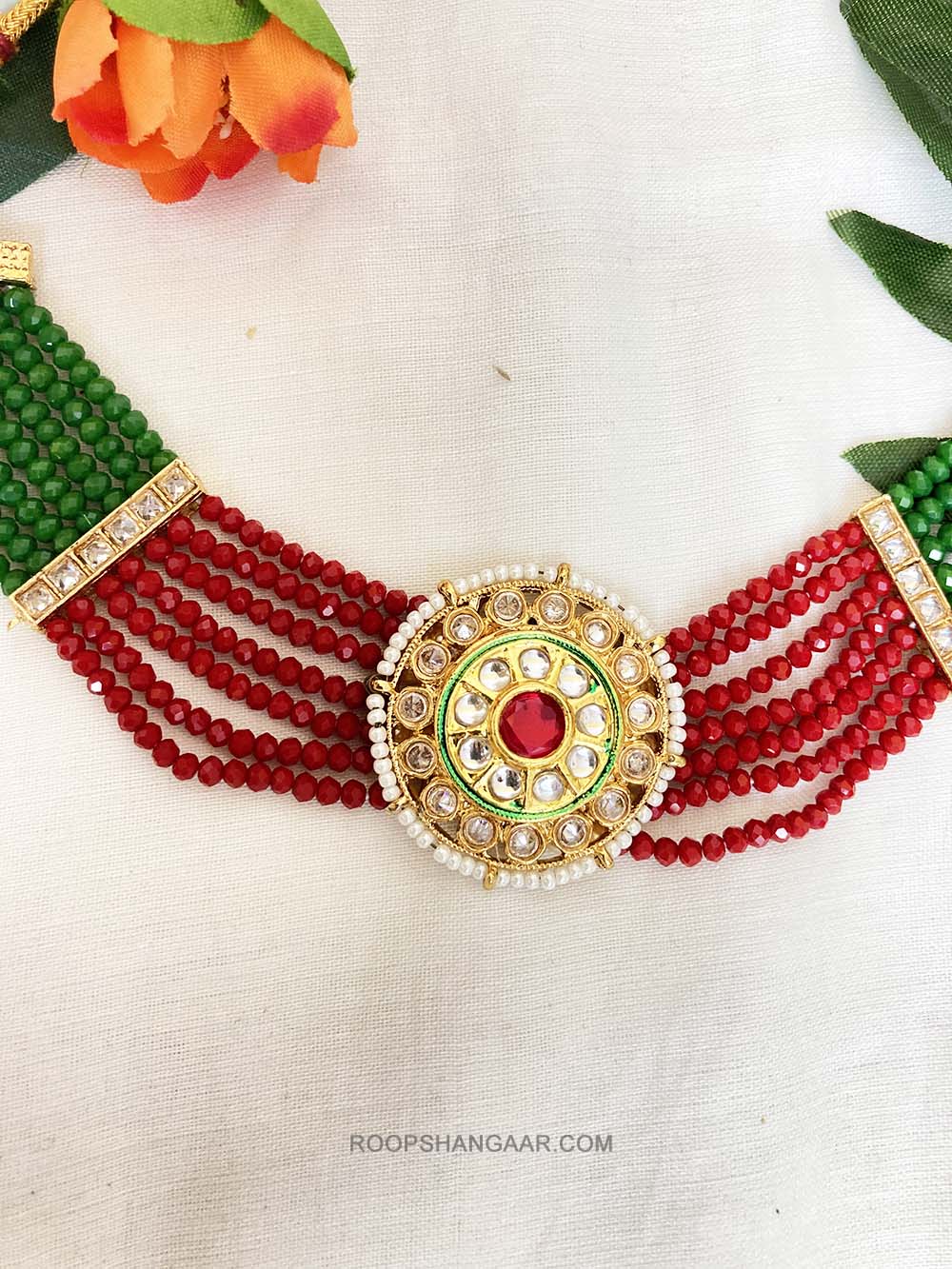 Red Green Ashka Crystal Moti Kundan Choker Necklace Set