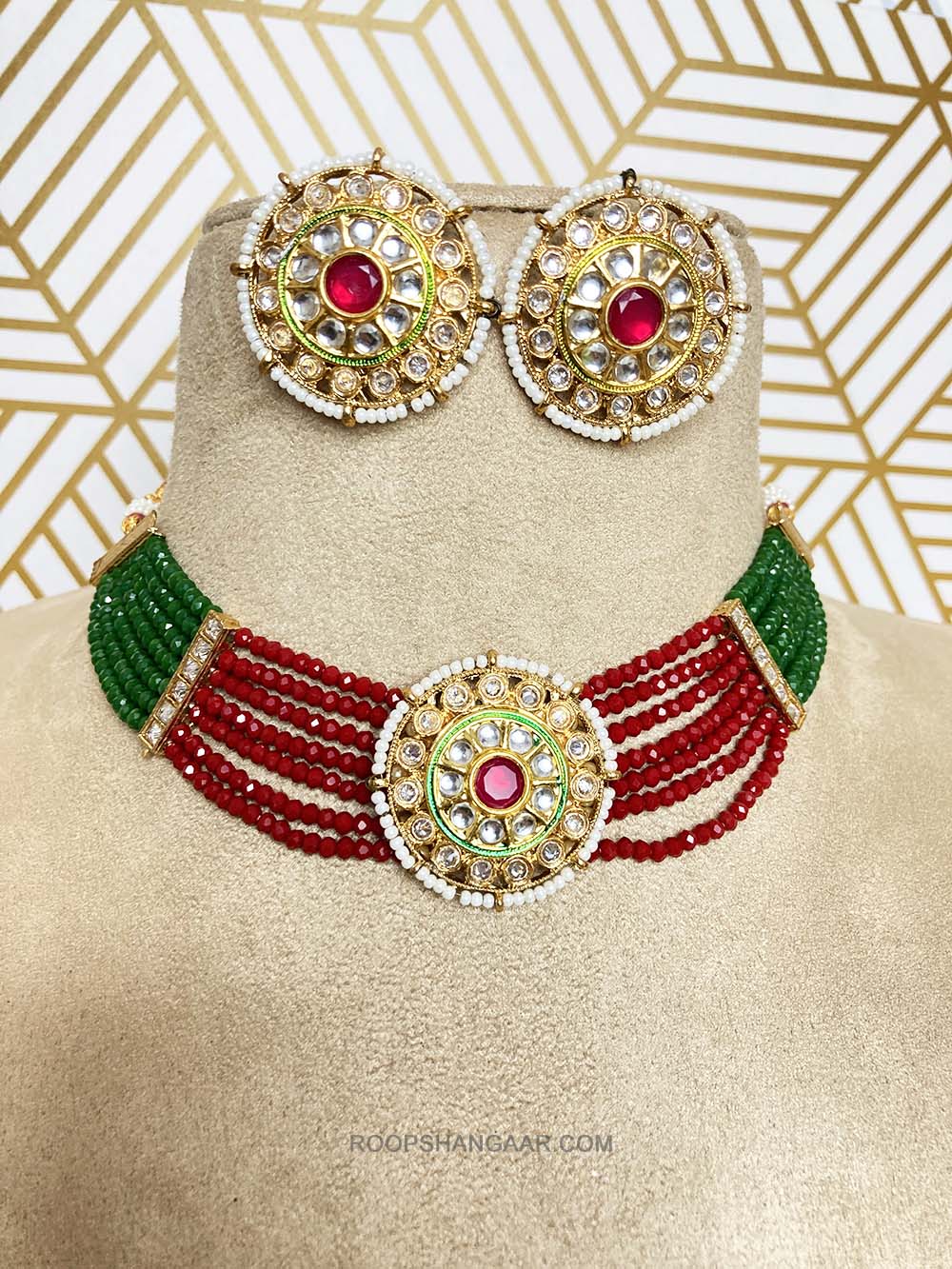 Red Green Ashka Crystal Moti Kundan Choker Necklace Set