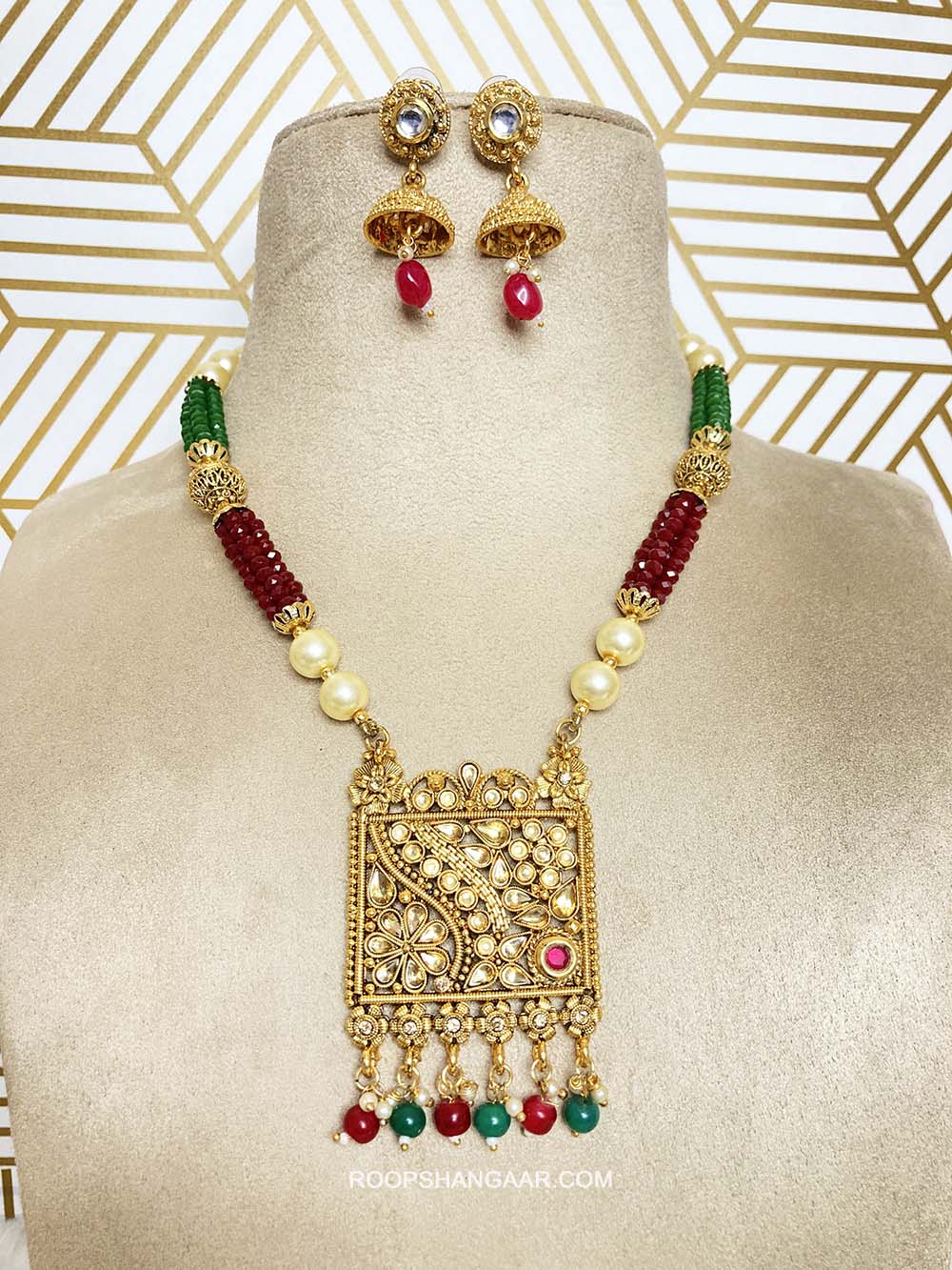 Red Green Kriti Crystal Moti Necklace Set