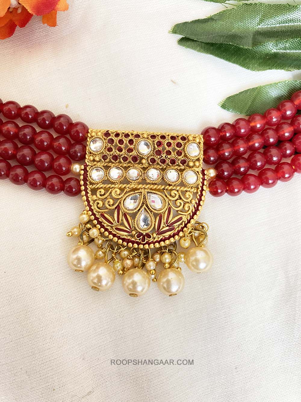 Red Prisha Crystal Moti Choker Necklace Set