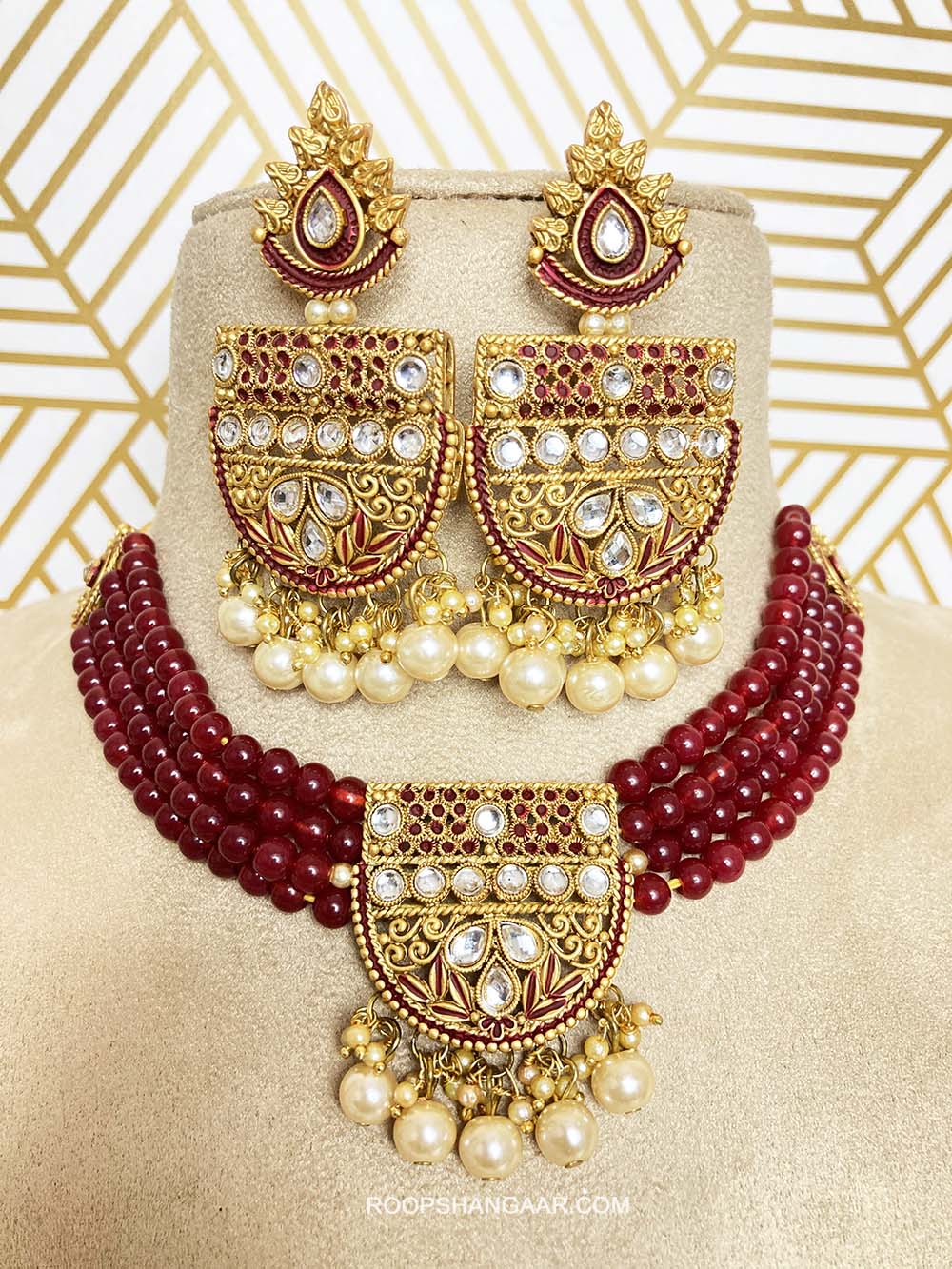 Red Prisha Crystal Moti Choker Necklace Set