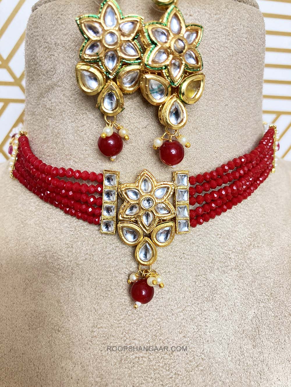 Red Vanita Crystal Moti Choker Necklace Set