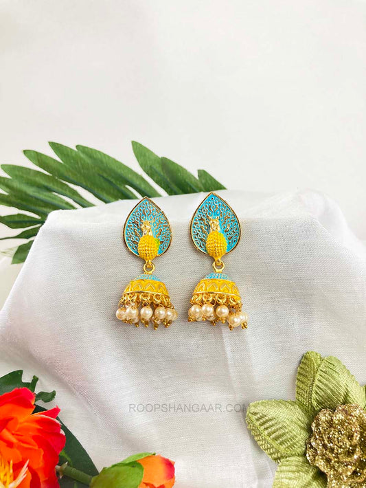 Yellow-Sky Blue Peacock Jhumki Earrigs