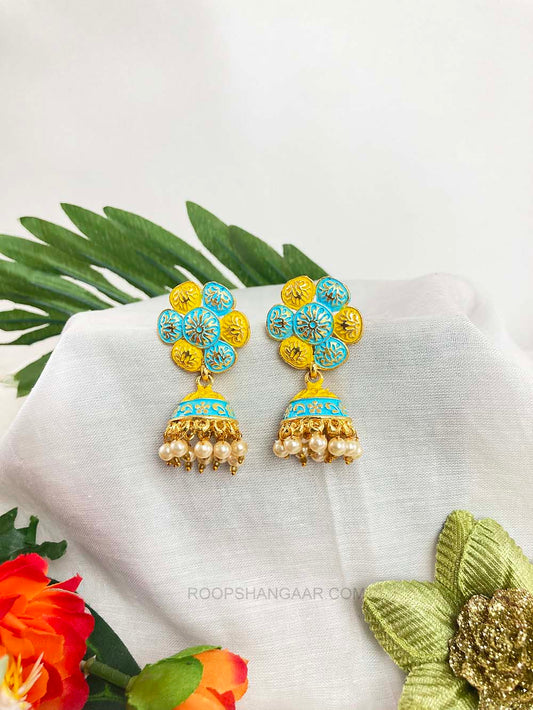 Yellow-Sky Blue Sandhya Jhumki Earrigs